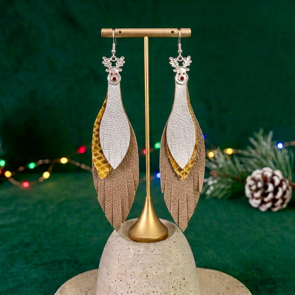 Aretes Reno · Camel, amarillo serpiente y piel, tamaño mediano, colección Navidad