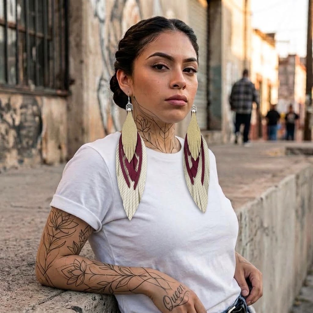 Aretes Piel, magenta y dorado, tamaño maxi, colección Básicos